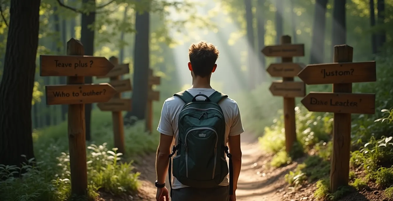 Wanderer an einer Wegkreuzung im deutschen Mittelgebirge mit verschiedenen Pfadoptionen