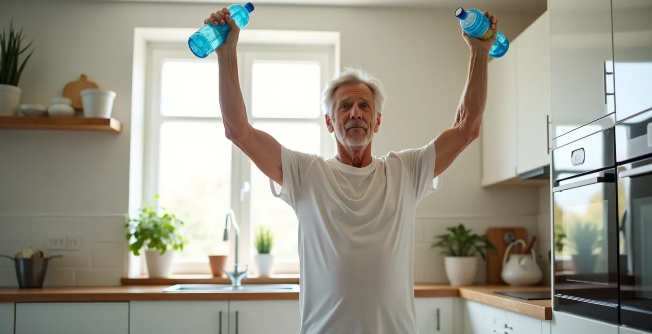 Seniorin macht Kraftübungen mit Wasserflaschen in der Küche