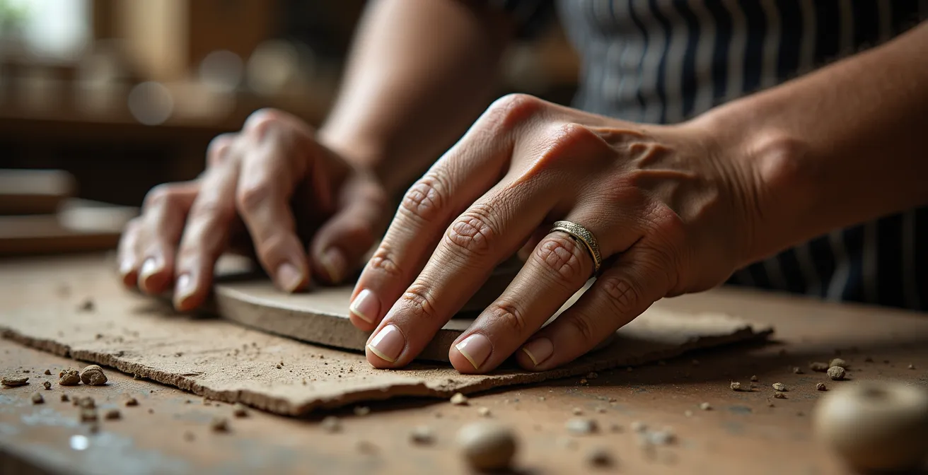 Nahaufnahme von den wettergegerbten Händen eines Handwerkers bei der Bearbeitung von Ton