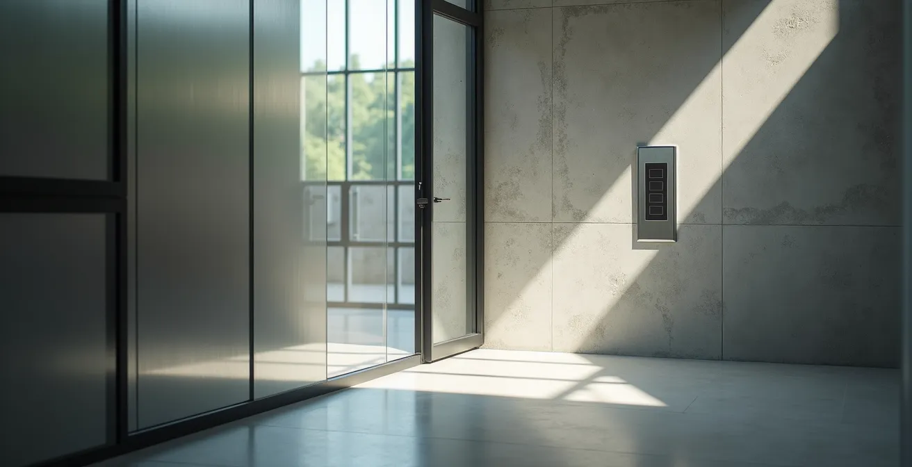 Minimalistisches deutsches Wohnzimmer mit unsichtbar integrierter Smart-Home-Technologie