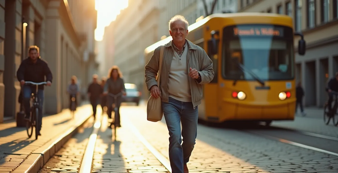 Person nutzt deutsche Radwege und öffentliche Verkehrsmittel für tägliche Bewegung
