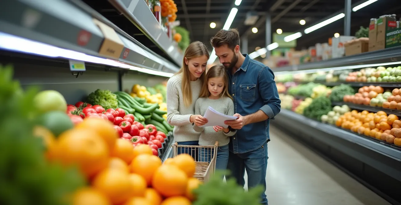 Familie beim preisbewussten Einkauf im deutschen Supermarkt