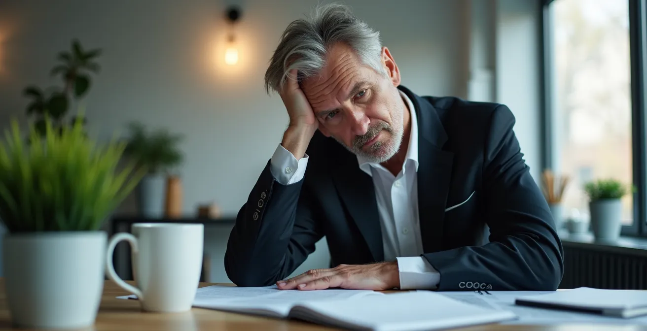 Nahaufnahme eines erschöpften Mitarbeiters mit subtilen Stresssignalen in deutscher Büroumgebung