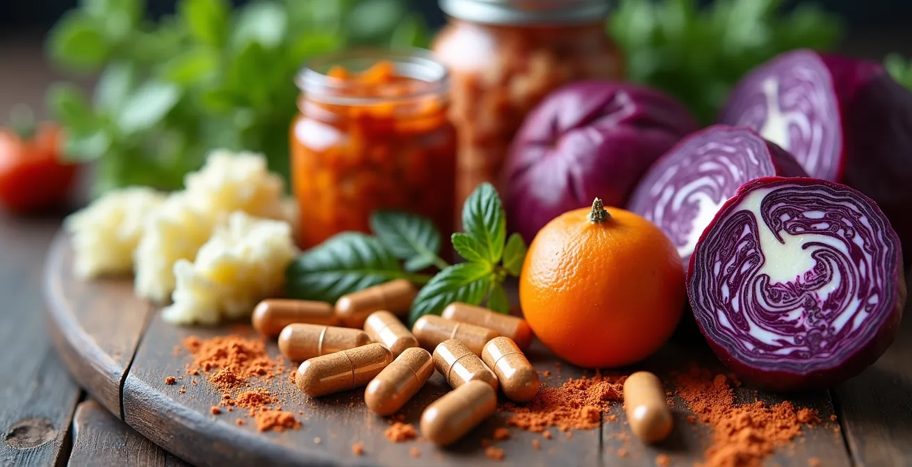 Makroaufnahme von fermentierten Lebensmitteln symbolisiert die Darm-Hormon-Verbindung