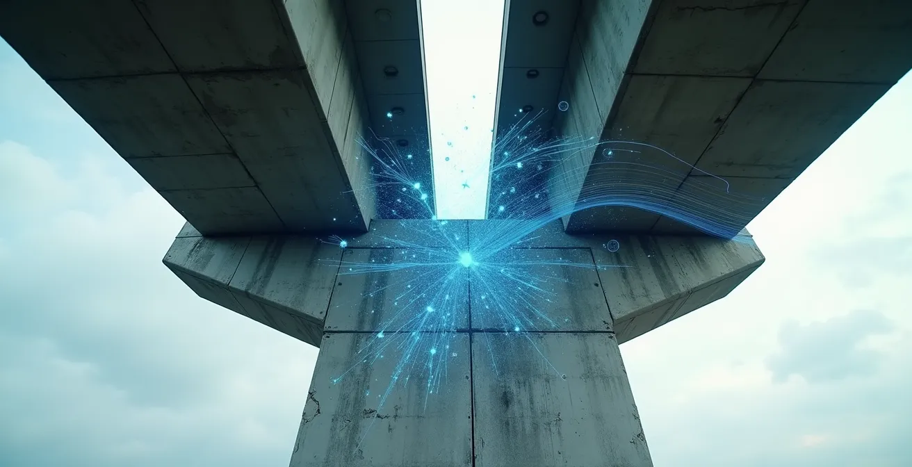 Brücke mit integrierten IoT-Sensoren und visualisierten Datenströmen für Predictive Maintenance