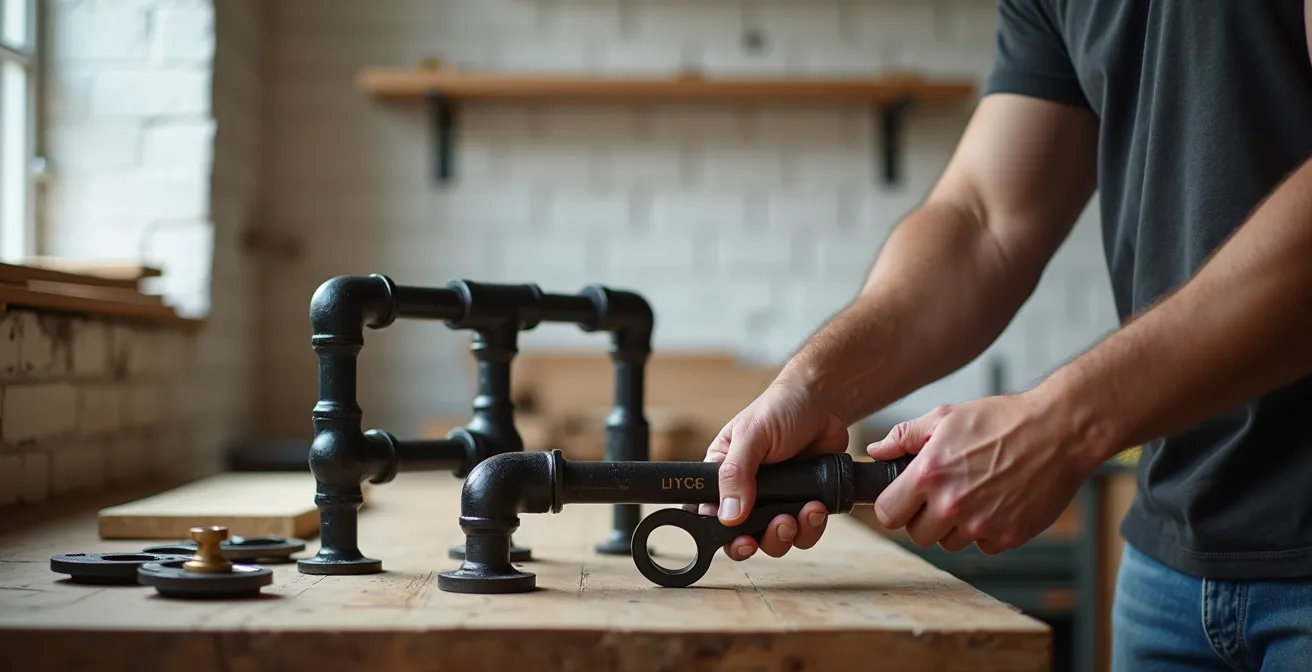 DIY Wasserrohr-Regal im Entstehungsprozess mit Werkzeugen und Materialien