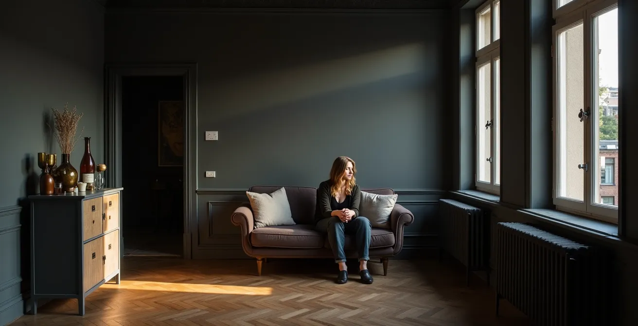 Altbauzimmer mit tiefgrauen Wänden, warmem Holzboden und gezielter Beleuchtung, das eine warme und luxuriöse Atmosphäre ausstrahlt.