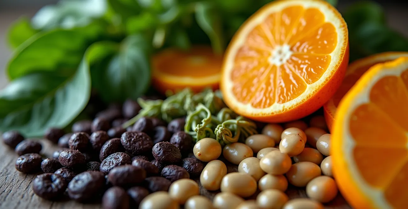 Eisenreiche pflanzliche Lebensmittel wie Linsen und Grünkohl werden mit Vitamin-C-Quellen wie Paprika und Zitrusfrüchten kombiniert.