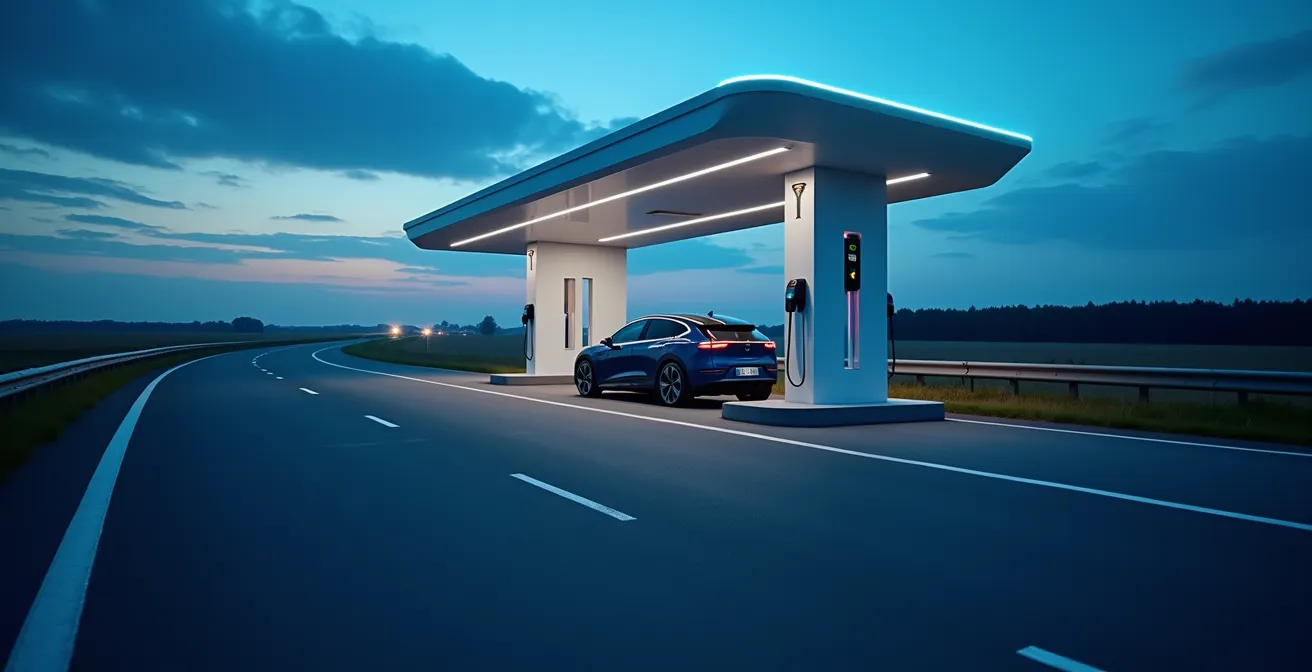 Moderne Elektrofahrzeug-Ladestation an deutscher Autobahn bei Dämmerung