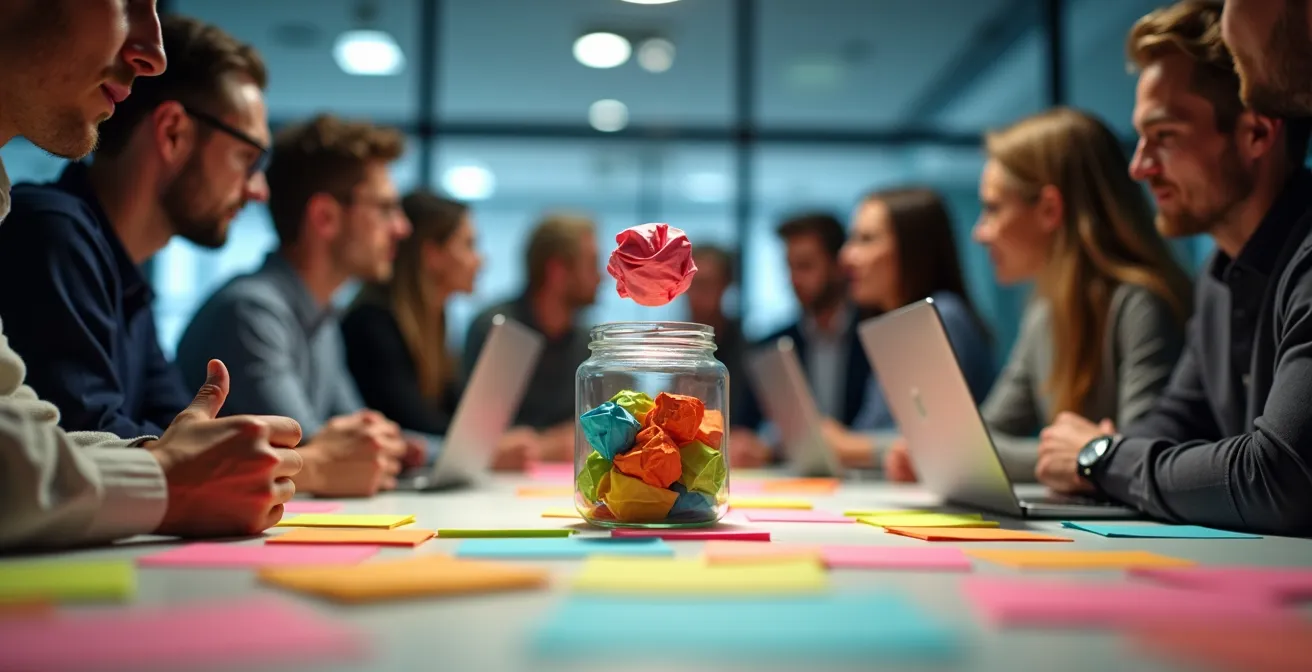 Team in kreativem Brainstorming mit symbolischen Elementen für Fehlerkultur und Innovation