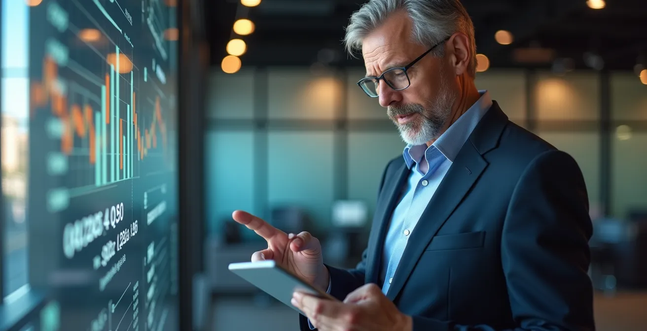 Geschäftsmann mit Tablet analysiert digitale Finanzdaten in modernem Büro