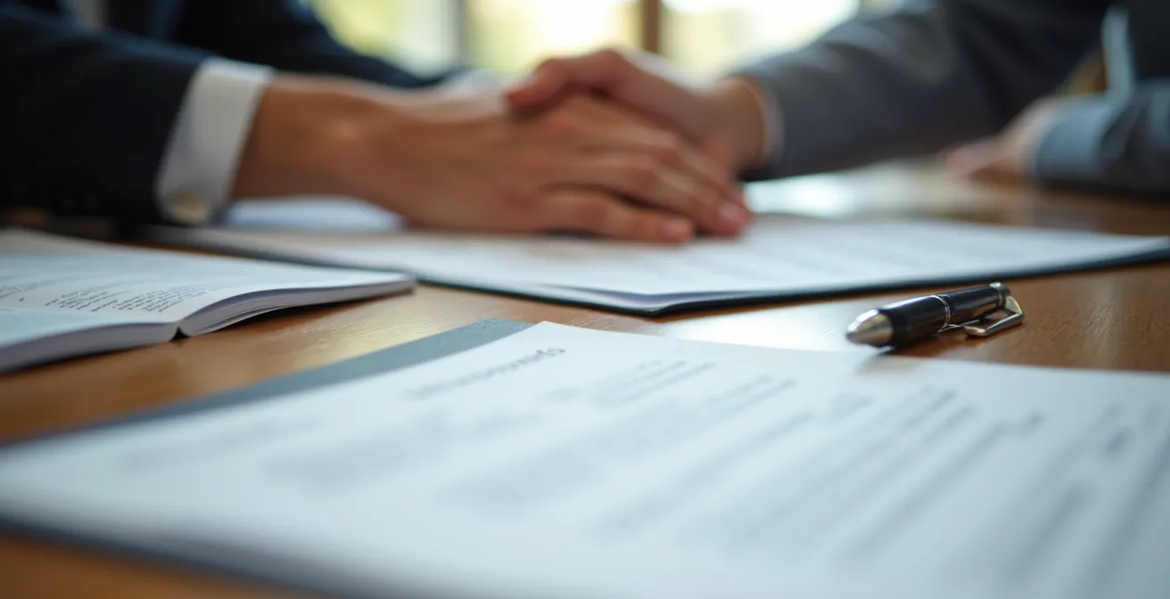 Nahaufnahme von Händen bei einem Beratungsgespräch in einem Büro der Agentur für Arbeit, die Dokumente zum Bildungsgutschein prüfen.