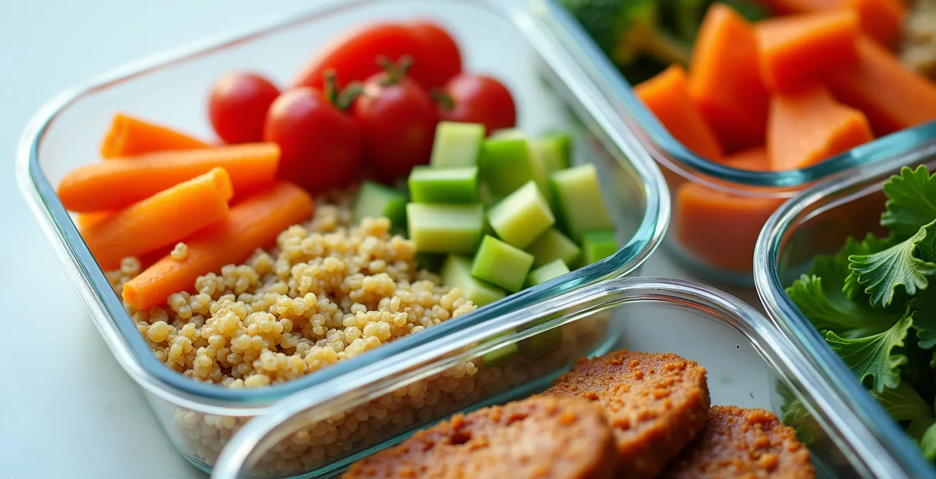 Mehrere vorbereitete Behälter mit gesunden Mahlzeiten wie Quinoa, Gemüse und magerem Hähnchen für die Nachtschicht.