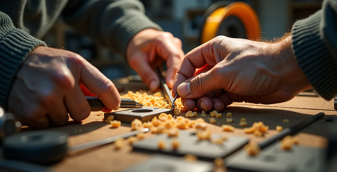 Handwerksmeister und junger Gründer arbeiten gemeinsam an digitalem Fertigungsprojekt in moderner Werkstatt
