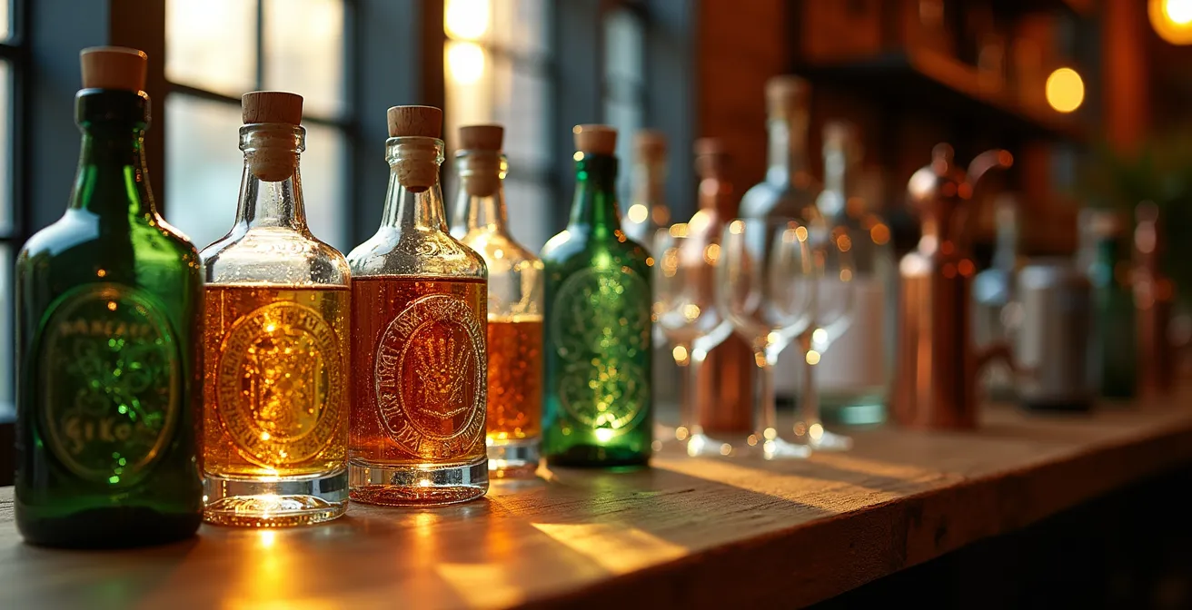 Stilvolle Hausbar im Industrial Design mit lokalen Gin-Flaschen und handgefertigten Gläsern, die Handwerkskunst und Genuss zelebriert.