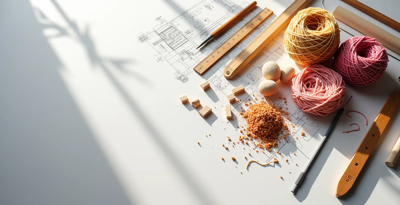 Systematische Anordnung von Werkzeugen und Materialien zeigt strukturierten Ansatz zur Kreativität