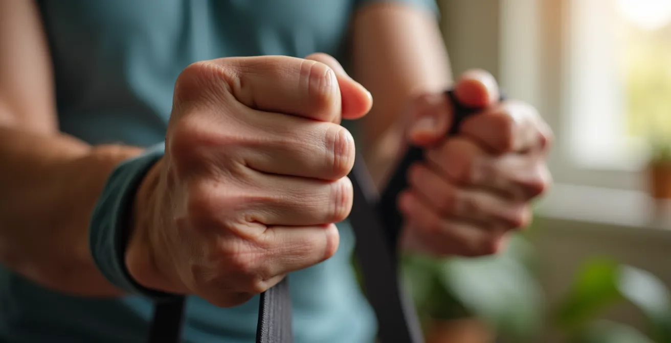 Senior trainiert mit Theraband die Armmuskulatur