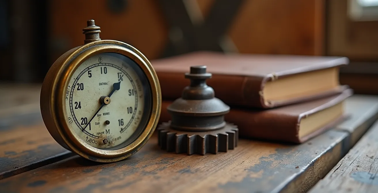 Vintage Industrieobjekte und Kunstwerke arrangiert auf einer rauen Holzoberfläche