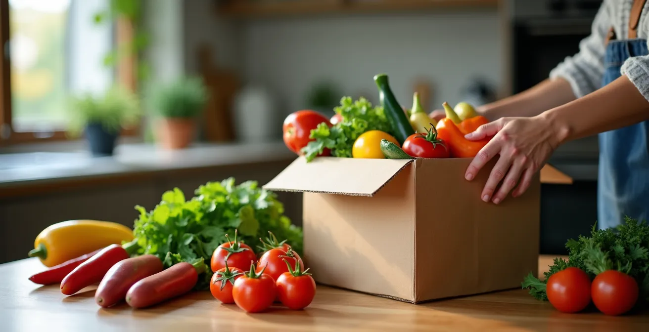 Frische regionale Lebensmittel in nachhaltiger Verpackung auf deutscher Küchenarbeitsplatte