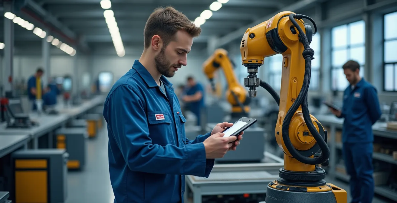 Facharbeiter und Cobot arbeiten Hand in Hand in moderner Produktionshalle