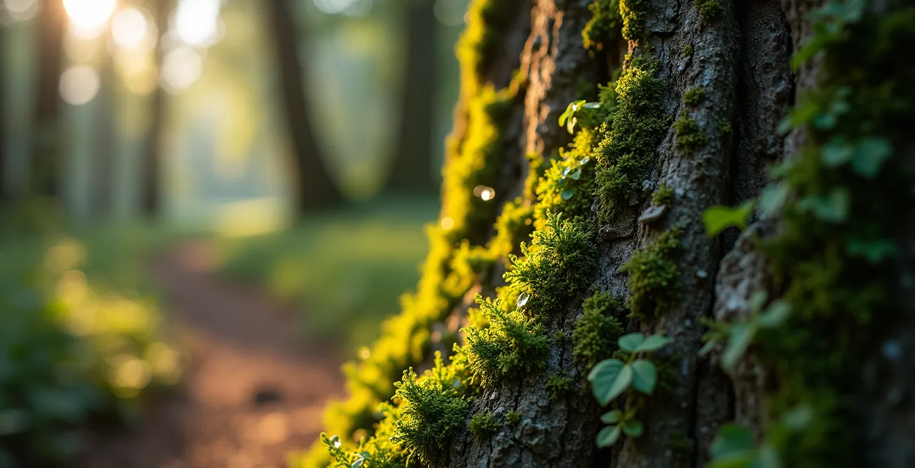 Verwunschener Waldweg im Harz mit mystischem Morgenlicht und Nebelschwaden