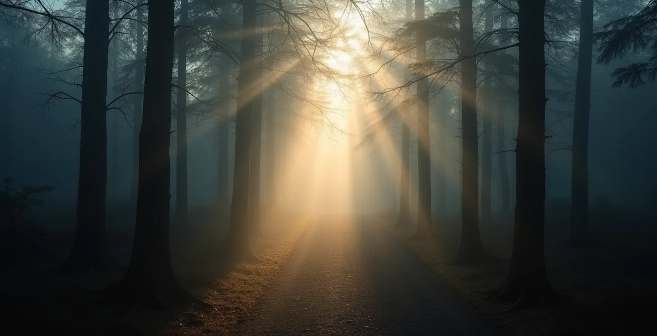 Ein schmaler Waldweg im dichten Morgennebel, durch den Sonnenstrahlen brechen.