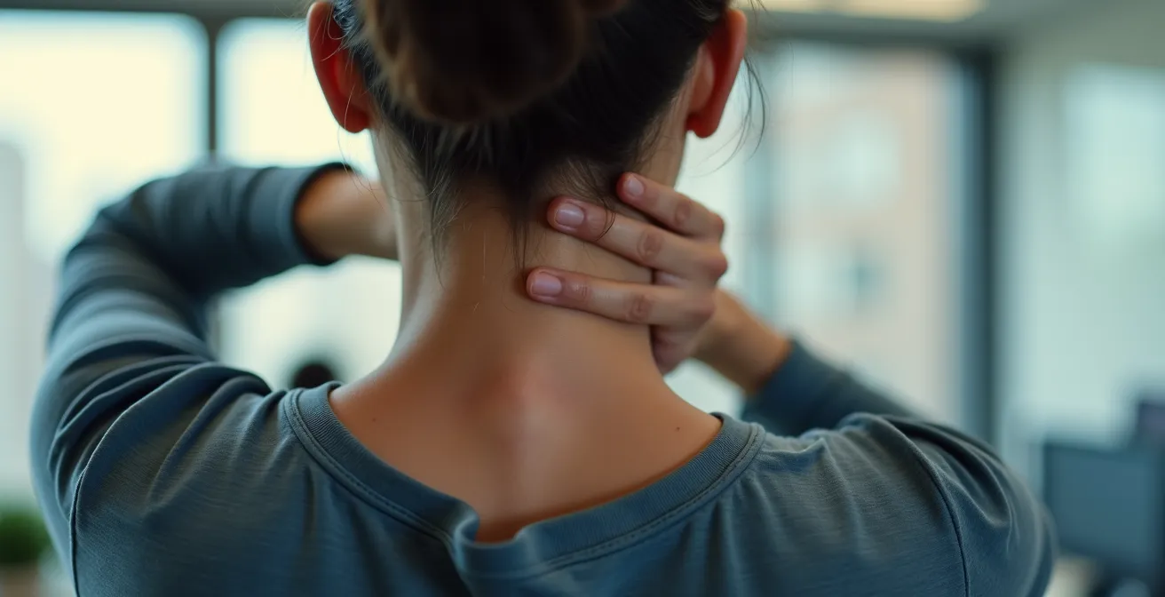 Nahaufnahme einer Person bei Nackenübung mit Augenbewegung am Arbeitsplatz