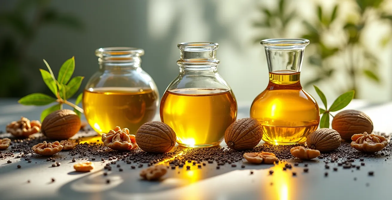 Eine künstlerische Darstellung pflanzlicher Omega-3-Quellen, darunter Flaschen mit goldenem Algenöl, Leinsamen und Walnüssen.