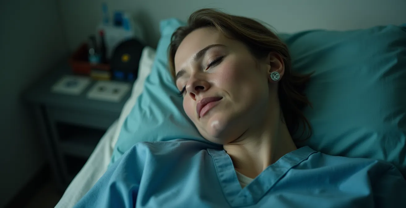 Schichtarbeiter macht einen kurzen Powernap in einem abgedunkelten Pausenraum, um sich zu erholen.