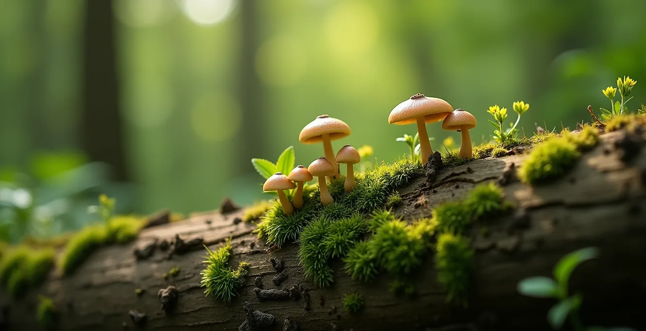 Umgestürzte Bäume mit Pilzen und neuem Wachstum im Nationalpark, ein Zeichen für Prozessschutz.