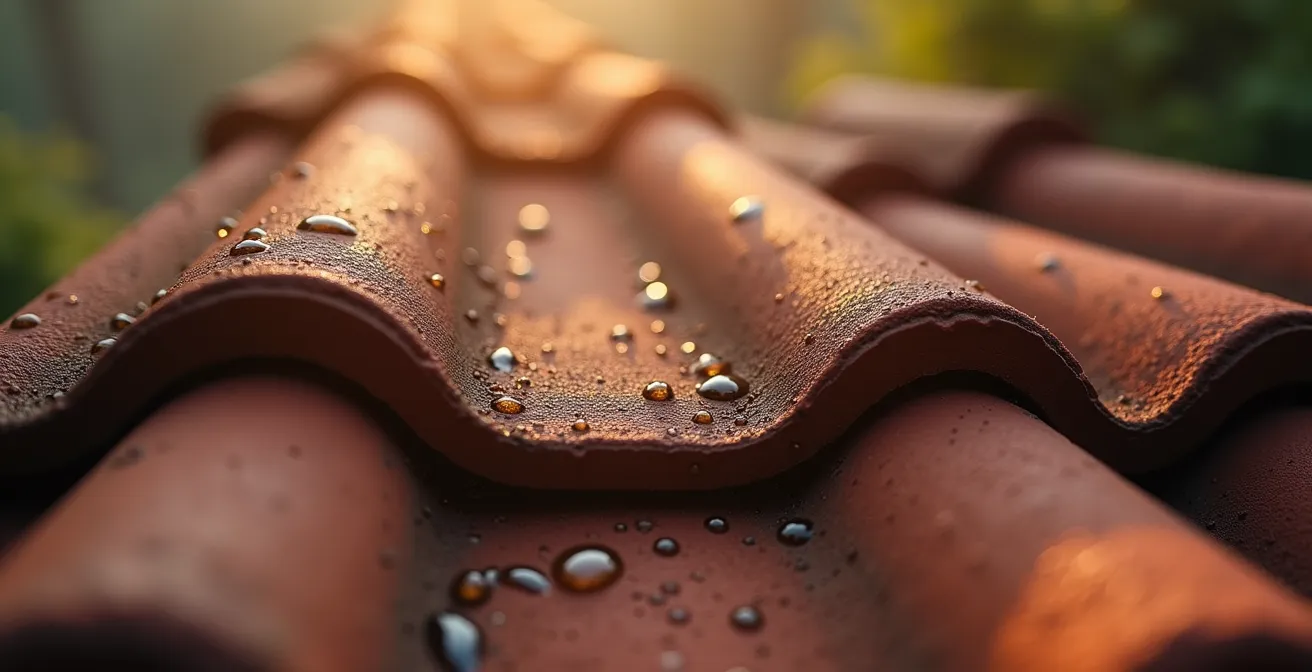 Metaphorische Darstellung eines einzelnen fehlenden Dachziegels an einem deutschen Fachwerkhaus