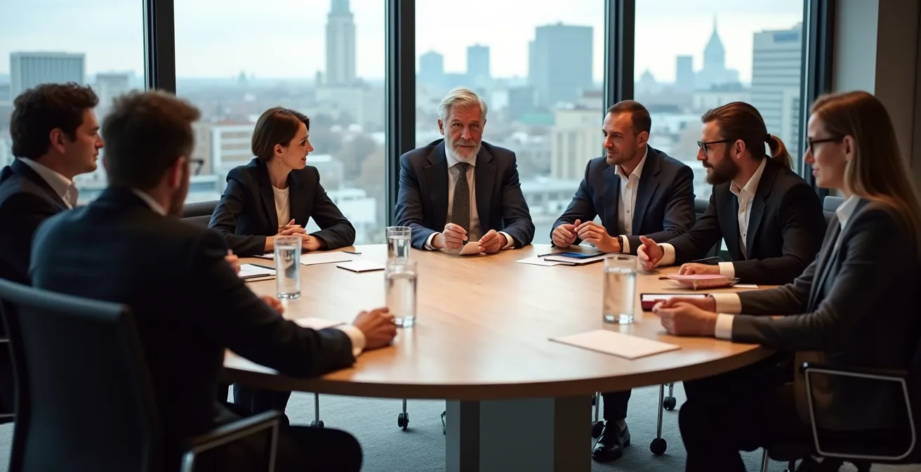 Runder Tisch mit Vertretern aus Wirtschaft, Bildung und Politik in einem modernen Konferenzraum