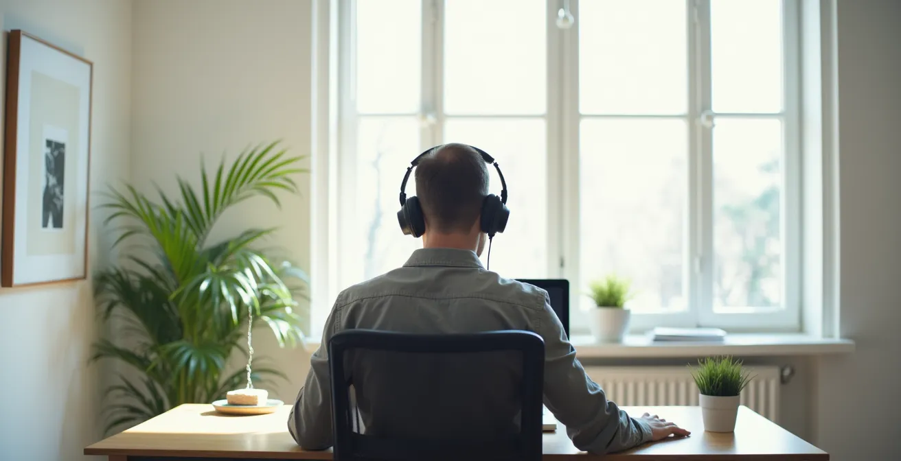 Person beim konzentrierten Online-Lernen mit Kopfhörern in einem modernen, hellen deutschen Büro.