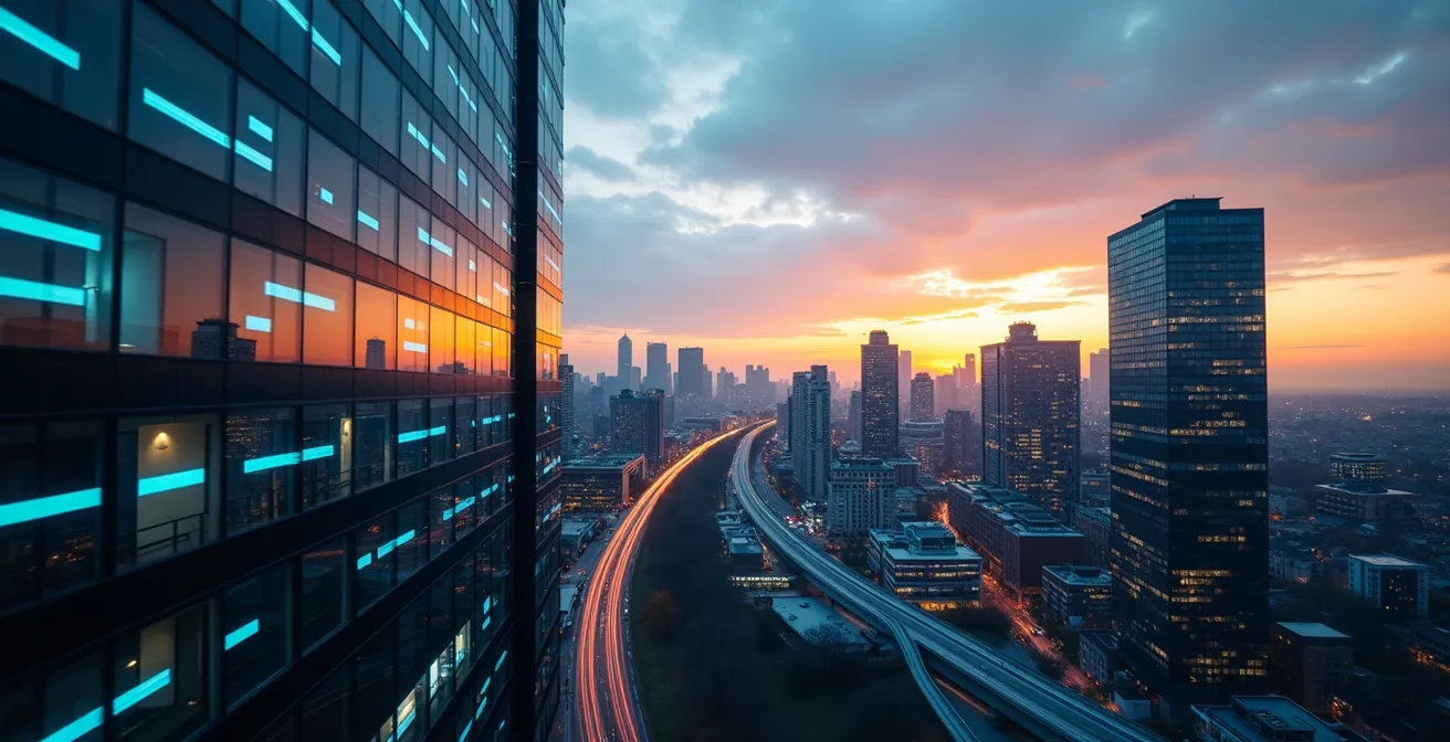 Visualisierung einer vernetzten Smart City mit IoT-Sensoren und Datenströmen