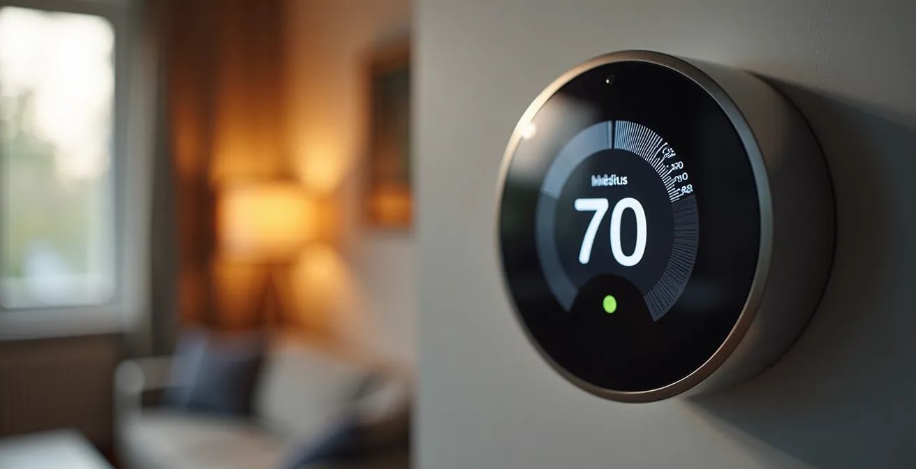 Nahaufnahme eines intelligenten Thermostats mit sichtbarer Temperaturanzeige in deutschem Wohnzimmer