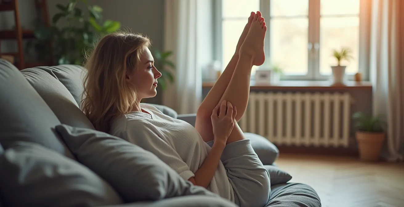 Person in Stufenlagerung zur Entlastung des unteren Rückens im Homeoffice