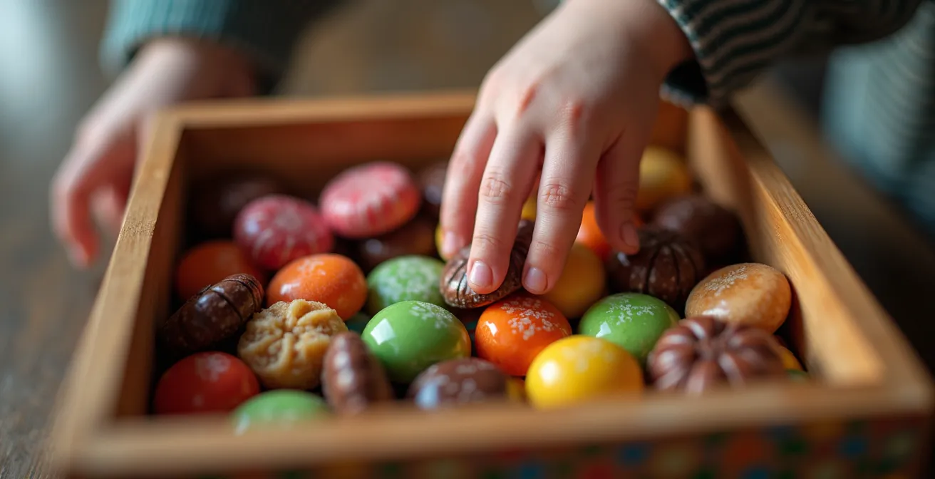 Bunte Süßigkeitenkiste mit kontrollierten Portionen für Kinder