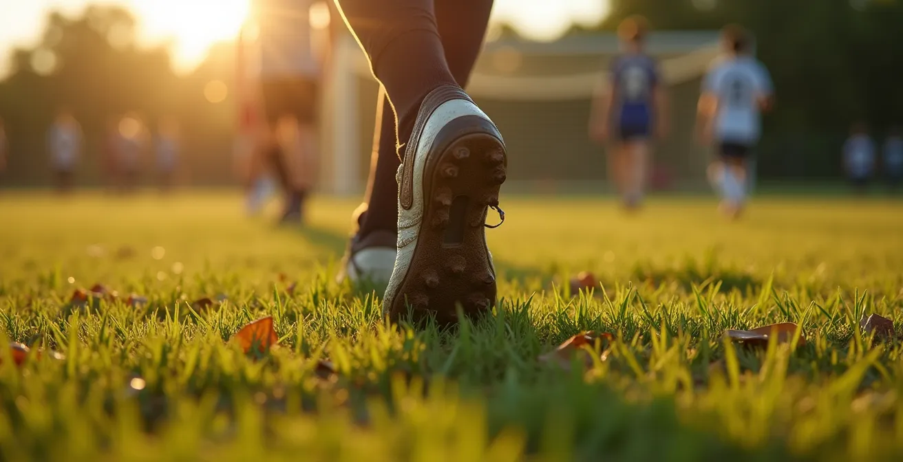 Eine Gruppe Jugendlicher beim Fußballtraining im lokalen Sportverein, eine gesunde Offline-Aktivität als Ausgleich zur digitalen Welt.
