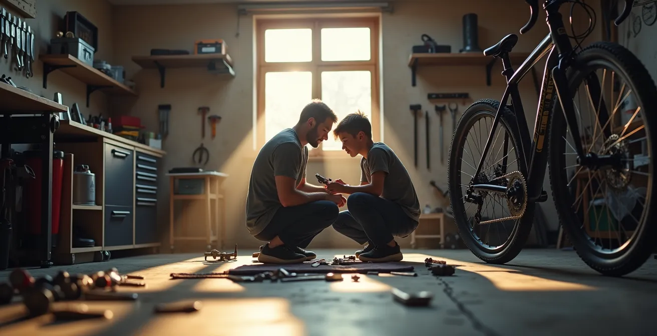 Vater und jugendlicher Sohn reparieren gemeinsam ein Fahrrad in der Garage und nutzen die Tätigkeit für ein entspanntes Gespräch.