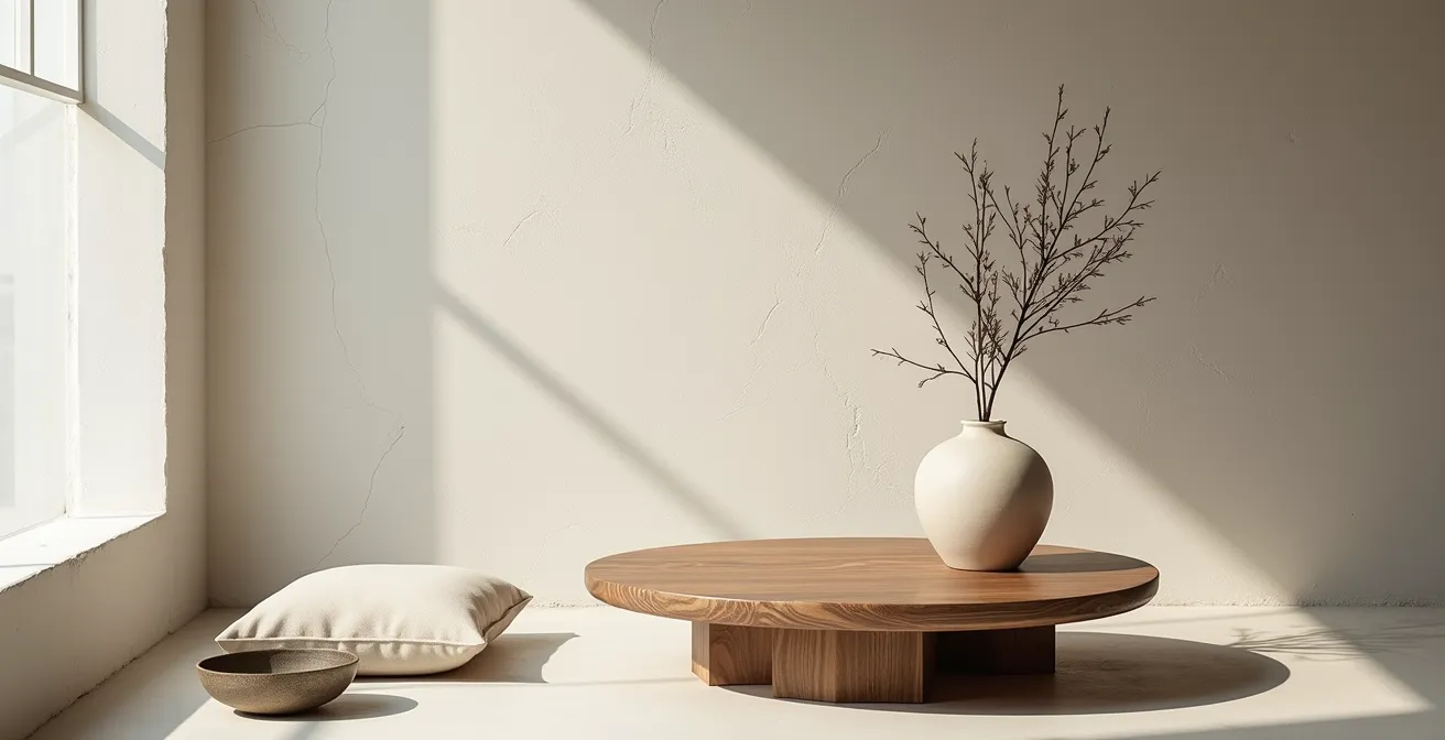 Minimalistisches Wohnzimmer im Wabi-Sabi-Stil mit natürlichen Materialien