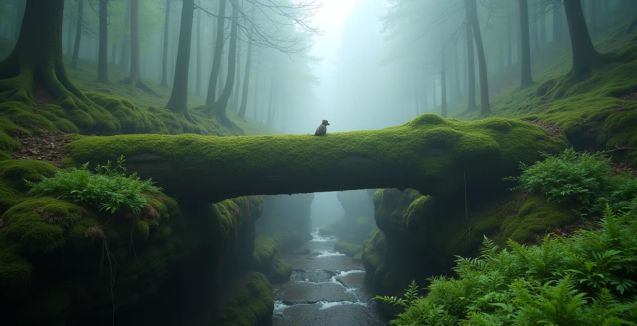 Unberührte Waldlandschaft im deutschen Nationalpark mit Morgennebel