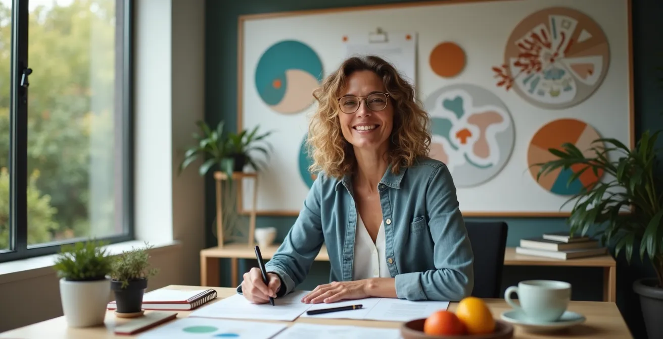 Arbeitsplatz mit natürlichen Elementen zeigt verschiedene Zyklusphasen