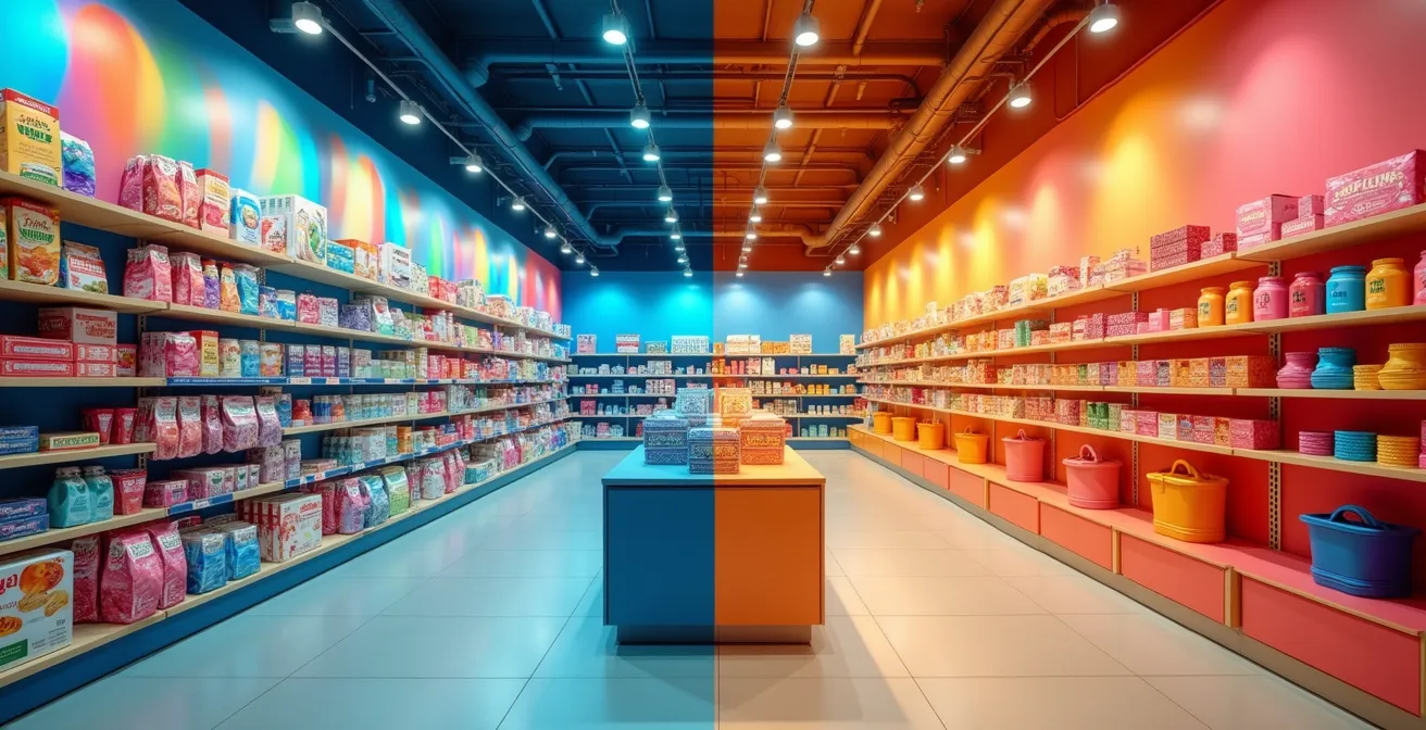 Harmonisch gestalteter Verkaufsraum mit ausgewogener Farbverteilung nach der 60-30-10-Regel