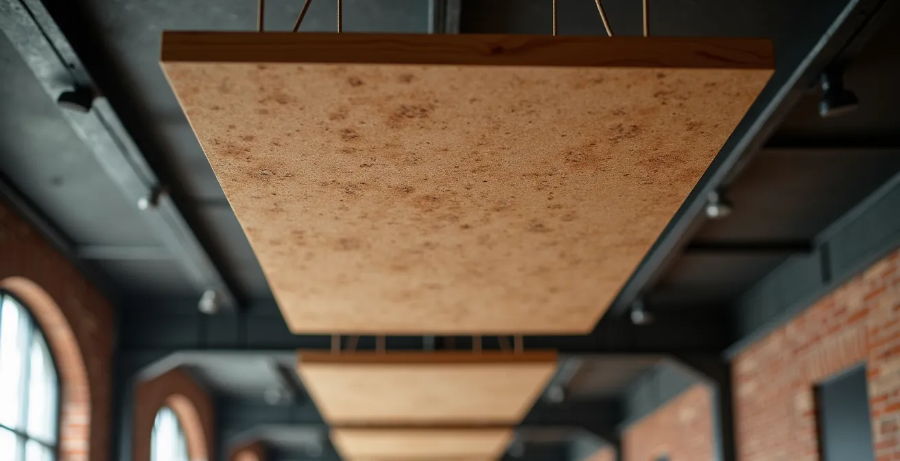 Moderne Akustik-Deckensegel in hohem Loftraum