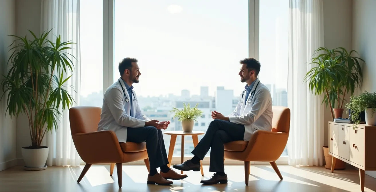 Ausführliches Arzt-Patient-Gespräch in der integrativen Medizin, das Zeit und Aufmerksamkeit symbolisiert