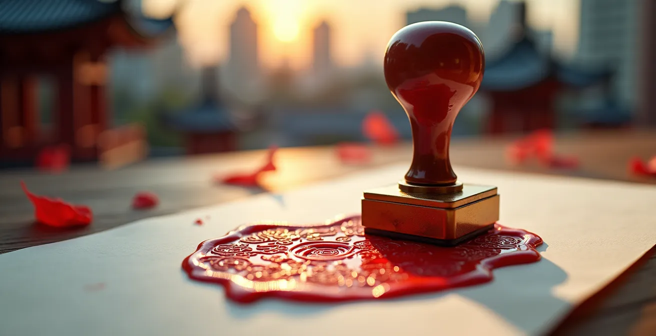 Strategische Visualisierung der asiatischen Marktexpansion, symbolisiert durch einen präzisen Stempelabdruck.