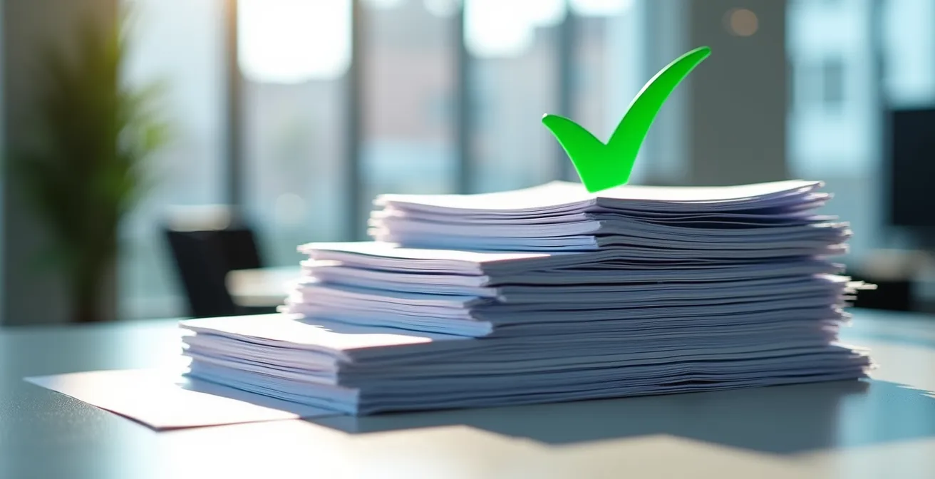 Zeitlicher Ablauf des BAFA-Antragsprozesses für Fensterförderung, dargestellt durch geordnete Papiere und ein Häkchen.