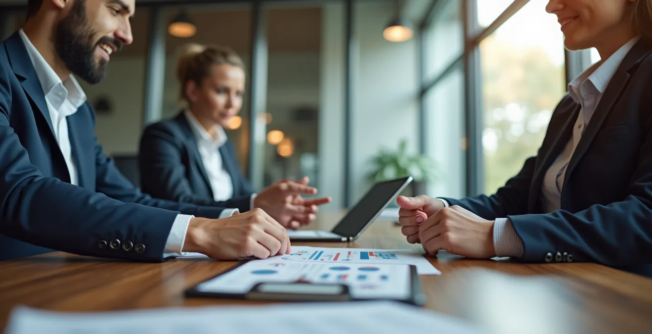 Geschäftstreffen in deutscher Bank mit ESG-Bewertungsdokumenten