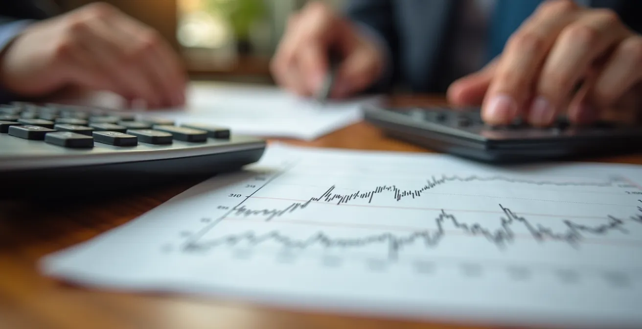 Detailaufnahme von Bewertungsdokumenten und Analysewerkzeugen, die den Prozess der Unternehmensbewertung symbolisieren.