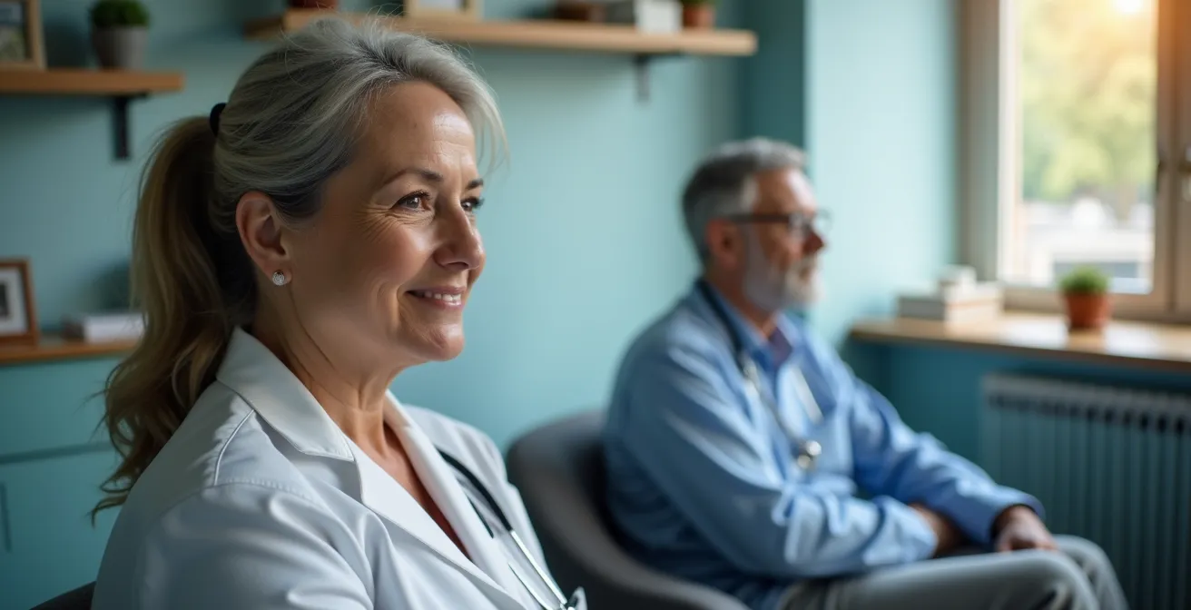 Moderne deutsche Arztpraxis mit beruhigenden blauen Wandakzenten und entspannter Atmosphäre